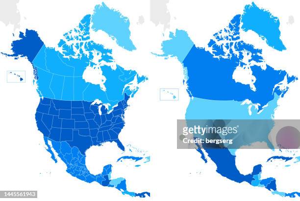 nordamerika blaue karte mit ländern und regionen - canada stock-grafiken, -clipart, -cartoons und -symbole
