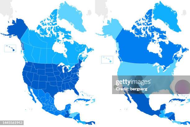 stockillustraties, clipart, cartoons en iconen met north america blue map with countries and regions - population of the americas