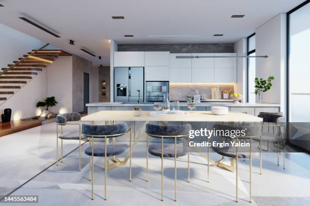 luxury home interior with staircase, refrigerator and dining table - home extension stock pictures, royalty-free photos & images