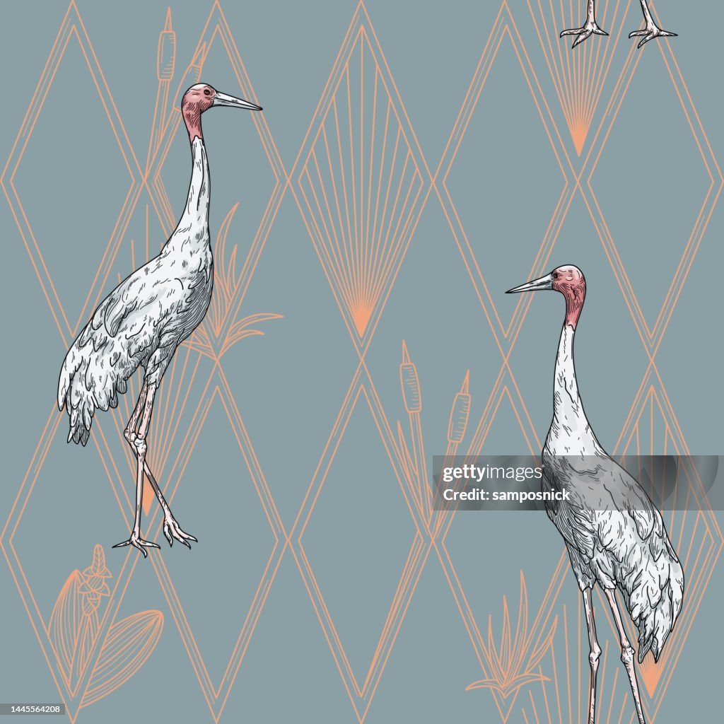 Modern Art Deco Hollywood Regency Sarus Crane and Diamond Seamless Pattern