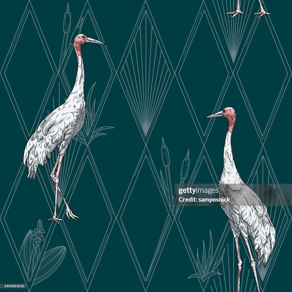 Modern Art Deco Hollywood Regency Sarus Crane and Diamond Seamless Pattern