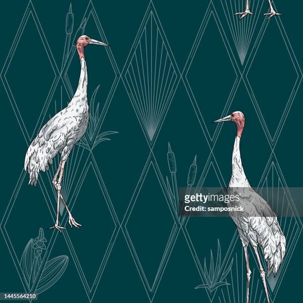 modern art deco hollywood regency sarus crane and diamond seamless pattern - argyle stock illustrations