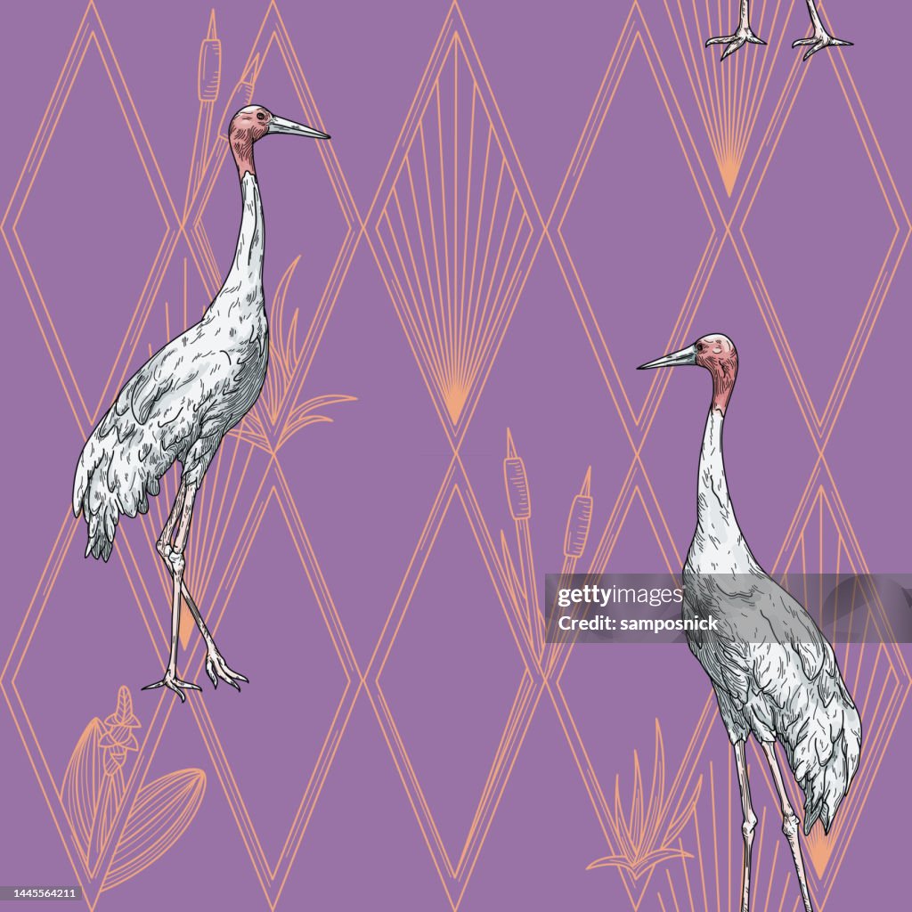 Modern Art Deco Hollywood Regency Sarus Crane and Diamond Seamless Pattern