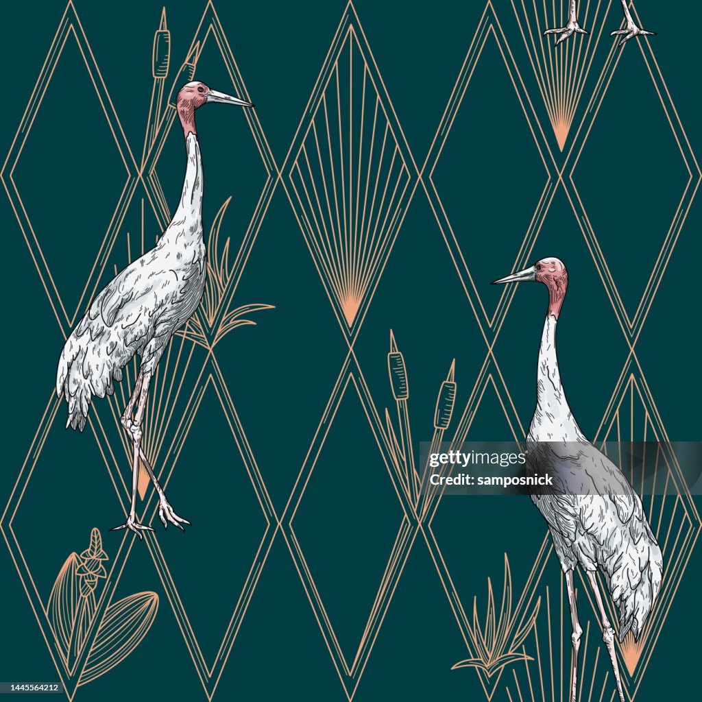 Modern Art Deco Hollywood Regency Sarus Crane and Diamond Seamless Pattern