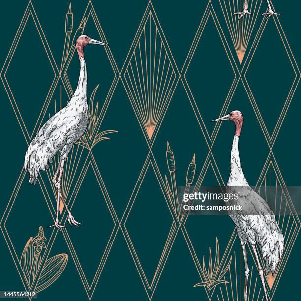 modern art deco hollywood regency sarus crane and diamond seamless pattern - diamond pattern stock illustrations