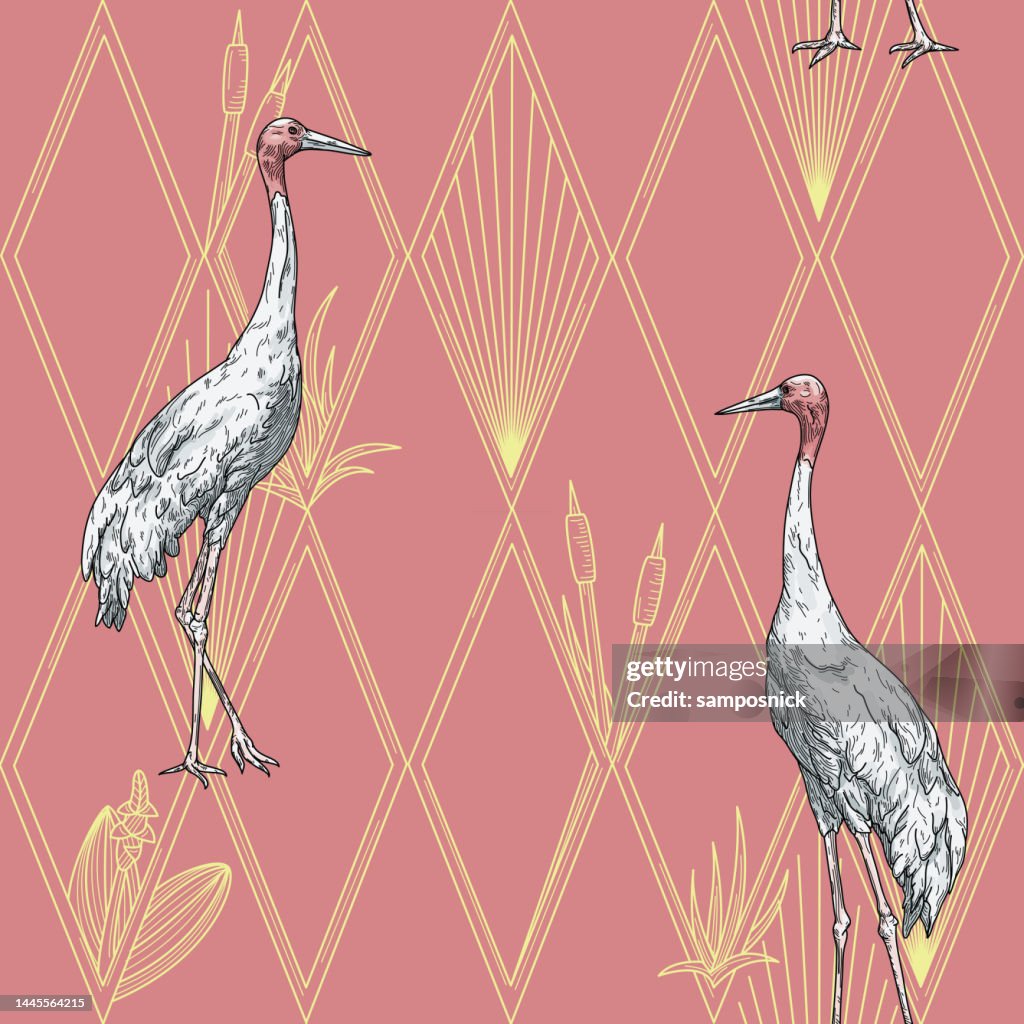 Modern Art Deco Hollywood Regency Sarus Crane and Diamond Seamless Pattern