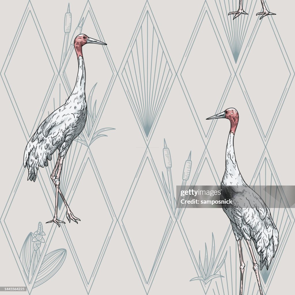 Modern Art Deco Hollywood Regency Sarus Crane and Diamond Seamless Pattern