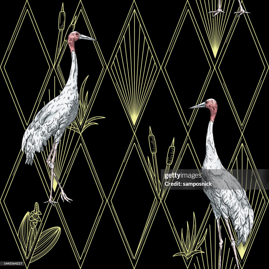 Modern Art Deco Hollywood Regency Sarus Crane and Diamond Seamless Pattern