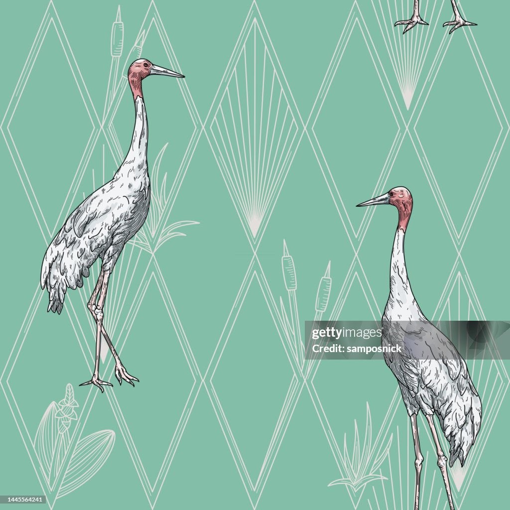 Modern Art Deco Hollywood Regency Sarus Crane and Diamond Seamless Pattern