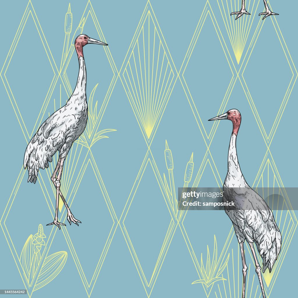 Modern Art Deco Hollywood Regency Sarus Crane and Diamond Seamless Pattern