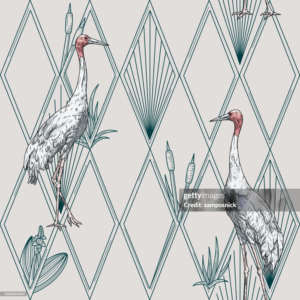 Modern Art Deco Hollywood Regency Sarus Crane and Diamond Seamless Pattern