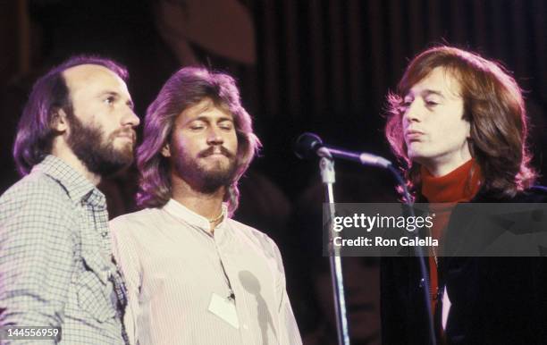 Maurice Gibb, Barry Gibb and Robin Gibb attend the rehearsals for "A Gift of Song" UNICEF Concert on January 19, 1979 at the United Nations in New...