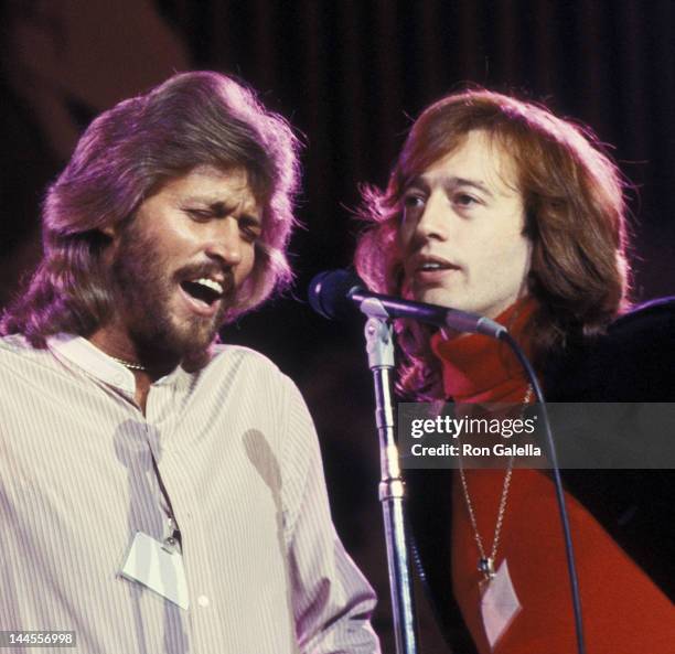 Barry Gibb and Robin Gibb attend the rehearsals for "A Gift of Song" UNICEF Concert on January 19, 1979 at the United Nations in New York City.