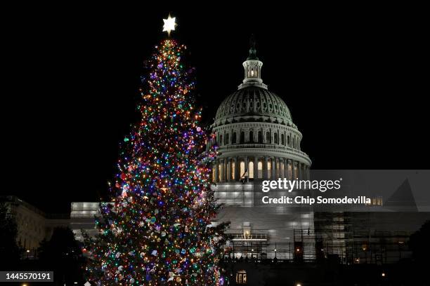 The U.S. Capitol Christmas Tree stands on the West Lawn during its lighting ceremony on November 29, 2022 in Washington, DC. The 79-foot-tall red...