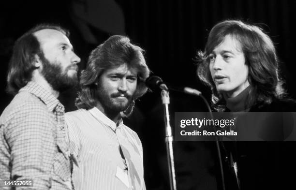 Maurice Gibb, Barry Gibb and Robin Gibb attend the rehearsals for "A Gift of Song" UNICEF Concert on January 19, 1979 at the United Nations in New...