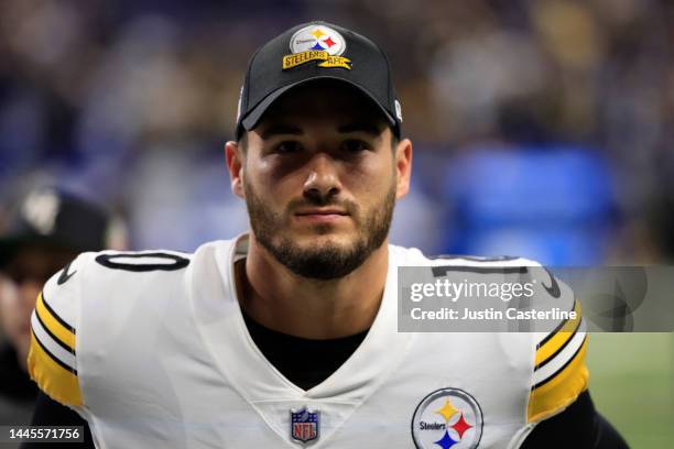 Mitch Trubisky of the Pittsburgh Steelers walks off the field after a win over the Indianapolis Colts at Lucas Oil Stadium on November 28, 2022 in...