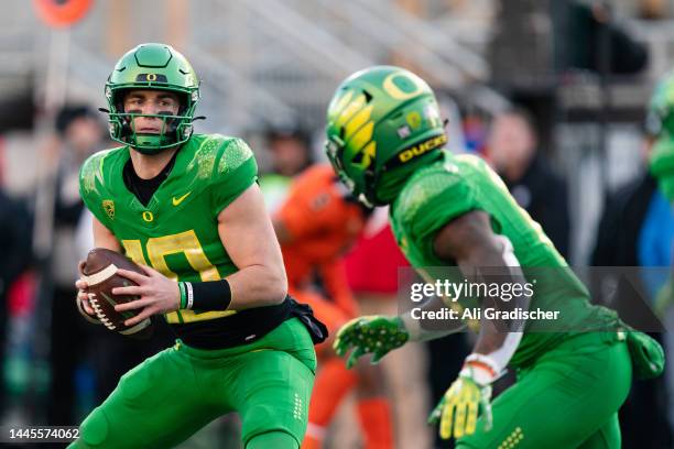 Quarterback Bo Nix of the Oregon Ducks looks to pass the ball during the second half of the game against the Oregon State Beavers at Reser Stadium on...