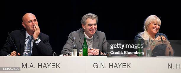 Marc Hayek, head of Swatch Group AG's Blancpain brand, left, Nick Hayek, chief executive officer of Swatch Group AG, center, and Nayla Hayek,...