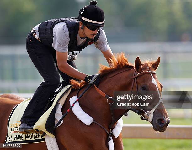 Exercise rider Jonny Garcia takes I'll Have Another over the track in preparation for the 137th Preakness Stakes at Pimlico Race Course on May 16,...