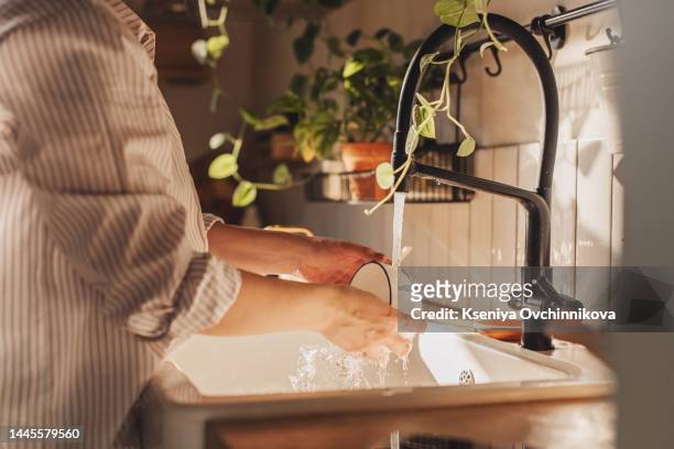 close up shot of a woman washing a frying pan with a cleaning liquid under tap water. using dishwasher in a modern kitchen. natural clean diet and healthy way of life concept. - stereotypical homemaker stock pictures, royalty-free photos & images