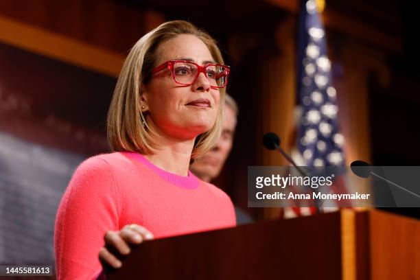 Sen. Kyrtsen Sinema speaks at a news conference after the Senate passed the Respect for Marriage Act at the Capitol Building on November 29, 2022 in...
