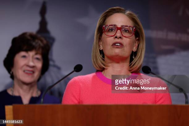Sen. Kyrtsen Sinema speaks at a news conference after the Senate passed the Respect for Marriage Act at the Capitol Building on November 29, 2022 in...