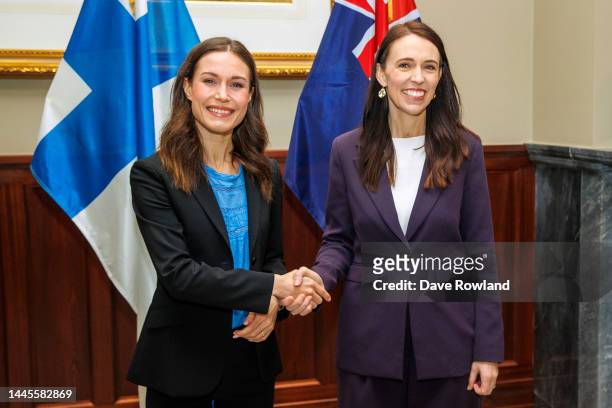 Finnish Prime Minister Sanna Marin and New Zealand Prime Minster Jacinda Ardern pose for a portrait at Government House on November 30, 2022 in...