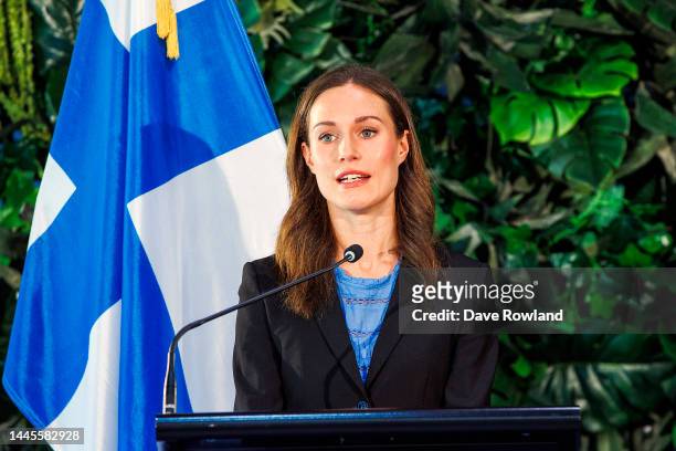 Finnish Prime Minister Sanna Marin speaking at a joint media conference with New Zealand Prime Minster Jacinda Ardern on November 30, 2022 in...