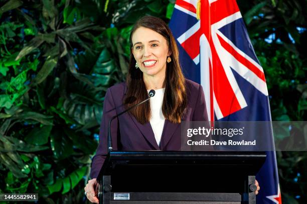 New Zealand Prime Minster Jacinda Ardern speaks at a joint press conference with Finnish Prime Minister Sanna Marin on November 30, 2022 in Auckland,...