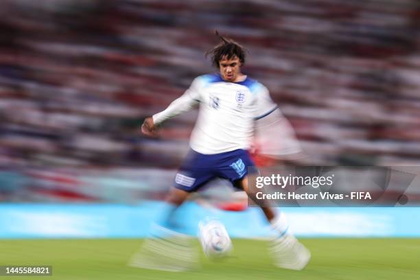 Trent Alexander-Arnold of England controls the ball during the FIFA World Cup Qatar 2022 Group B match between Wales and England at Ahmad Bin Ali...