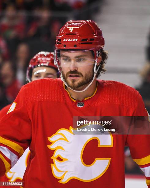 Rasmus Andersson of the Calgary Flames in action against the Winnipeg Jets during an NHL game at Scotiabank Saddledome on November 12, 2022 in...