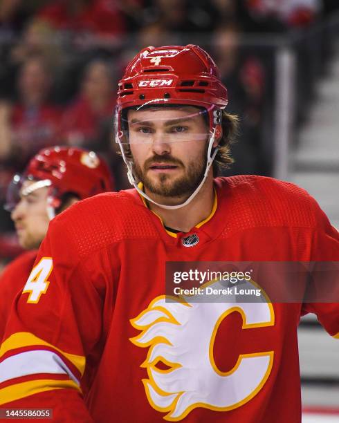 Rasmus Andersson of the Calgary Flames in action against the Winnipeg Jets during an NHL game at Scotiabank Saddledome on November 12, 2022 in...