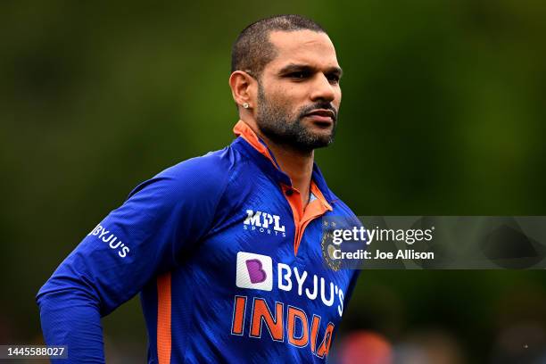 Shikhar Dhawan of India looks on ahead of game three of the One Day International series between New Zealand and India at Hagley Oval on November 30,...
