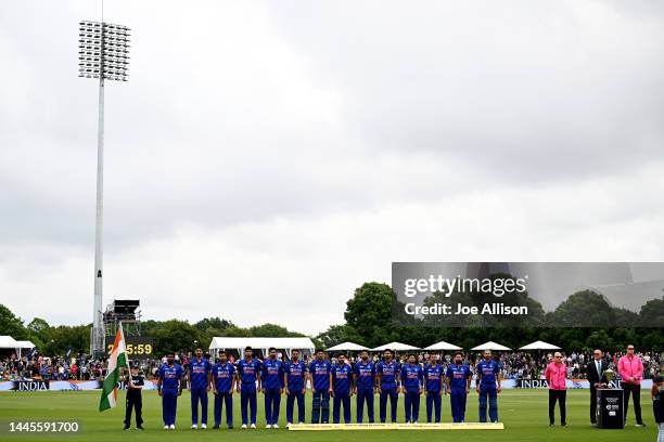 India stand for the national anthems during game three of the One Day International series between New Zealand and India at Hagley Oval on November...