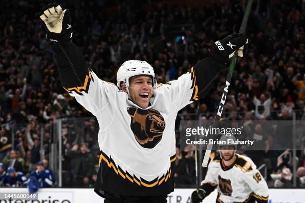 Taylor Hall of the Boston Bruins reacts after scoring a goal against the Tampa Bay Lightningduring the third period at the TD Garden on November 29,...