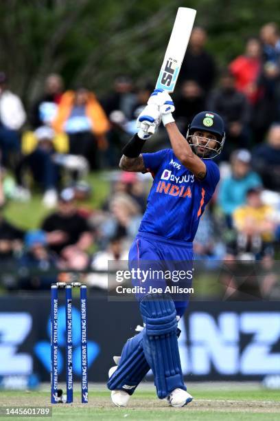Shikhar Dhawan of India bats during game three of the One Day International series between New Zealand and India at Hagley Oval on November 30, 2022...