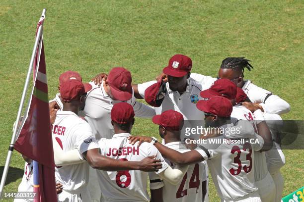 The Windies form a huddle before taking to the field during day one of the First Test match between Australia and the West Indies at Optus Stadium on...
