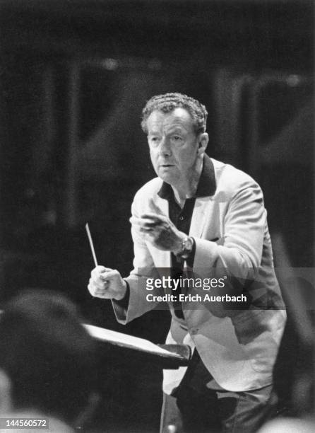 English composer and pianist Benjamin Britten during a rehearsal for the Proms with the London Symphony Orchestra at the Royal Albert Hall in London,...