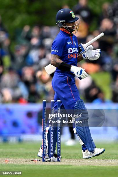 Shikhar Dhawan of India leaves the field of play after being bowled by Adam Milne during game three of the One Day International series between New...