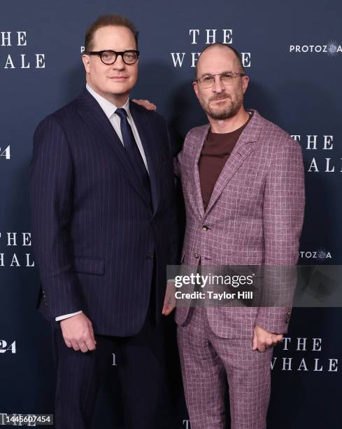 Brendan Fraser and Darren Aronofsky attend a New York screening of "The Whale" at Alice Tully Hall, Lincoln Center on November 29, 2022 in New York...