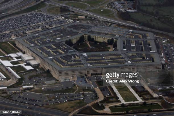 The Pentagon is seen from a flight taking off from Ronald Reagan Washington National Airport on November 29, 2022 in Arlington, Virginia. The...