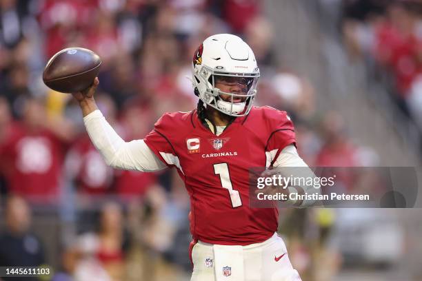 Quarterback Kyler Murray of the Arizona Cardinals throws a pass during the NFL game at State Farm Stadium on November 27, 2022 in Glendale, Arizona....