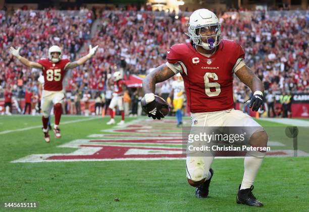 Running back James Conner of the Arizona Cardinals reacts after scoring a six-yard touchdown reception against the Los Angeles Chargers during the...