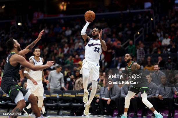 Monte Morris of the Washington Wizards puts up a shot Minnesota Timberwolves at Capital One Arena on November 28, 2022 in Washington, DC. NOTE TO...
