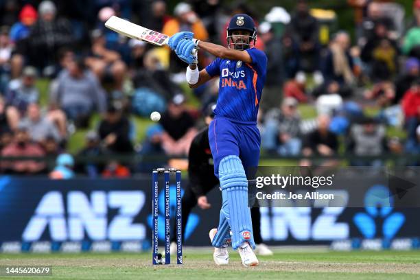 Washington Sundar of India bats during game three of the One Day International series between New Zealand and India at Hagley Oval on November 30,...