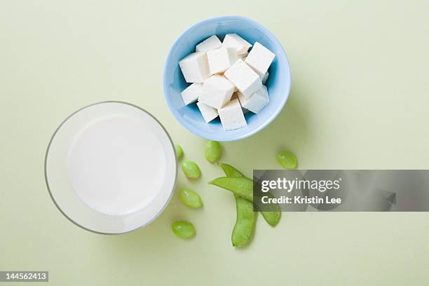 tofu, soy milk and edamame, studio shot - soya milk stock pictures, royalty-free photos & images