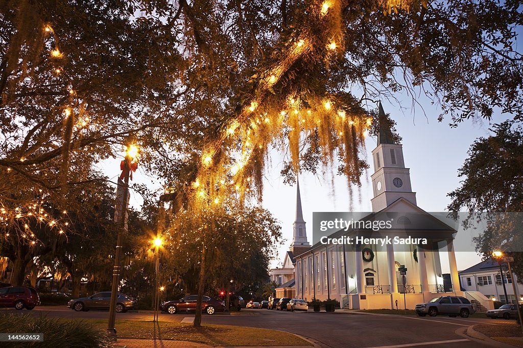 USA, Florida, Tallahassee, Church with lights on tree