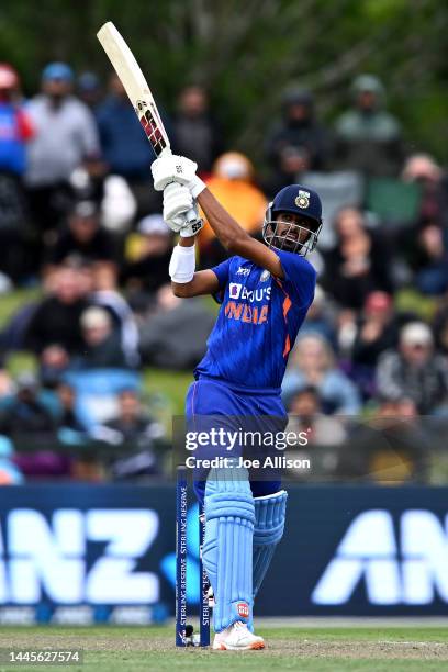 Washington Sundar of India bats during game three of the One Day International series between New Zealand and India at Hagley Oval on November 30,...