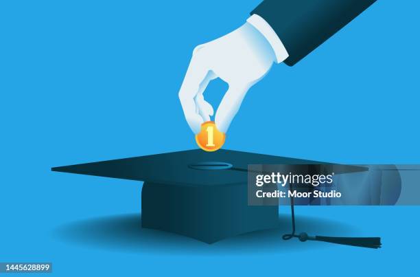 hand putting coin into a graduation hat vector illustration. - student loan stock illustrations