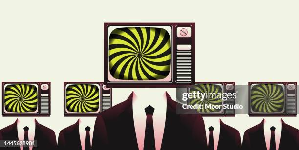 gruppe von managern mit tv statt köpfen illustration. - propaganda stock-grafiken, -clipart, -cartoons und -symbole